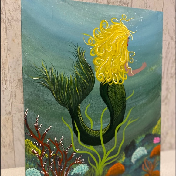 Mermaid Hand Crafted painting 11 x 14“ canvas board w acrylics wall art nautical - Picture 5 of 8
